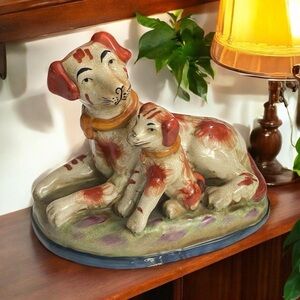 Vintage Staffordshire Spaniel Dog & Puppy Statue
